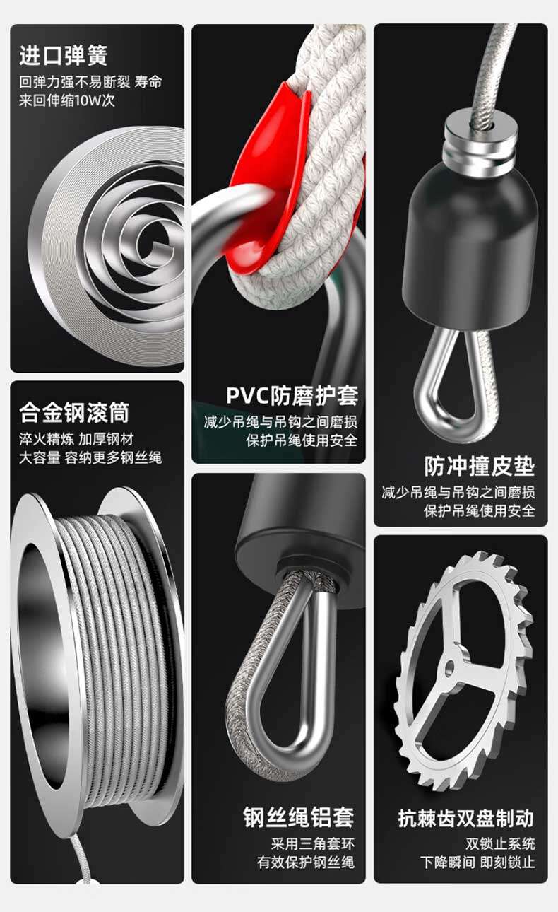 Imported spring has strong rebound force and is not easy to break. It has a lifespan of 10W cycles of back and forth expansion and contraction. The PVC wear-resistant sheath and alloy steel drum reduce wear between the lifting rope and the hook. The refined and thickened steel material protects the lifting rope for safe use with a large capacity to accommodate more steel wire ropes. The anti-collision leather pad reduces wear between the lifting rope and the hook to protect the safety of the lifting rope. The aluminum sleeve of the steel wire rope is anti ratchet and the double disc brake adopts a triangular ring double locking system to effectively protect the steel wire rope. It locks immediately when it descends