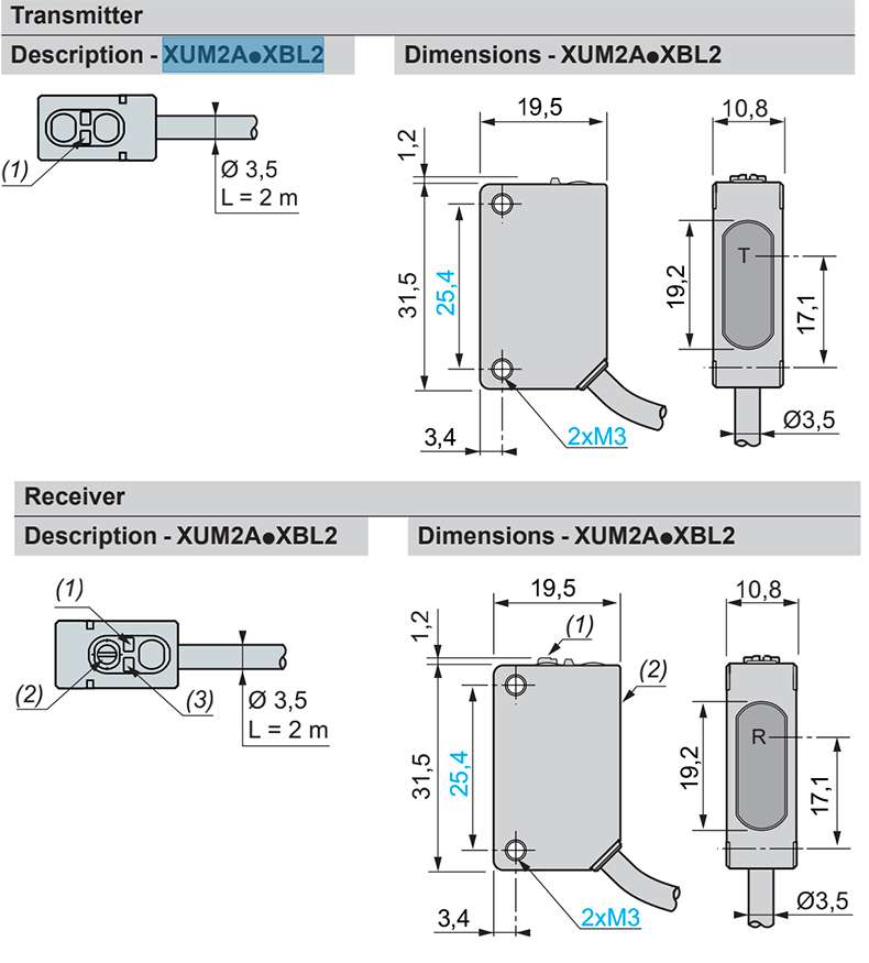 Transmitter Description- xUM2AoXBL2 Dimensions·XUM2AoXBL2 19.5 10.8 （1）） 03,5 L=2m 9918 Cloud 6L 12L Electric 03.5 3.4 2xm3 Receiver Description-Xum2aoxbl2 Dimensions-Xum2aM2AXBL2 19.5 10.8 R 2) 2）） 3） 03,5 L=2m 9 R- 18 2 L'2L 03.5 3.4 2xM3