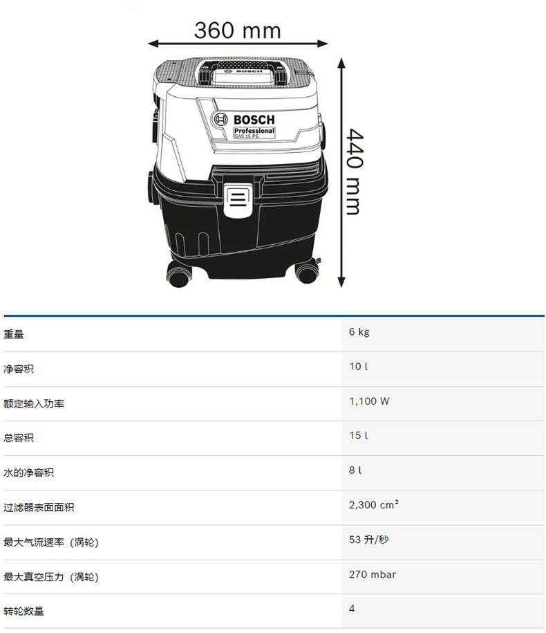 360mm ）BOSCH Be9om 440mm Weight 6kg net volume 101 rated input power 1.100W total volume 151 water net volume 81 filter surface area 2300 6m2 maximum airflow rate (turbine) 53 liters per second maximum vacuum pressure (turbine) 270 mbar number of wheels 4