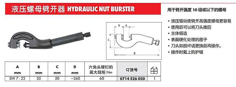 Hydraulic nut splitter HYDRAULICNUT BURSTER is used to split nuts with a strength level of 10 or below. The hydraulic drive makes it easier to span high-strength nuts. After use, the cutting head can be pushed back. The main body is forged and the surface hardening treatment is applied. If the cutting head is damaged, please replace it before operation· Wear protective goggles during operation. Order number for hexagon head screws A, B, C, and D. Full mm, mm, mm, mm, maximum torque Nm SW7-22 35 50 -260 60 0714526050 1