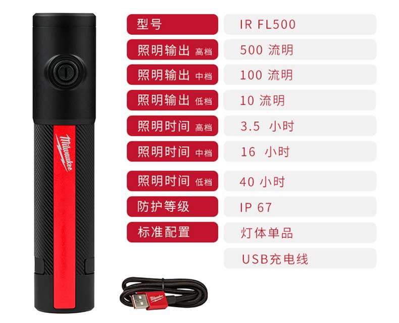 Model IR FL500 lighting output high-end 500 lumens lighting output mid-range 100 lumens lighting output low-end 10 lumens lighting time high-end 3.5 hours lighting time mid-range 16 hours lighting time low-end 40 hours protection level IP67 standard configuration lamp body single product USB charging cable