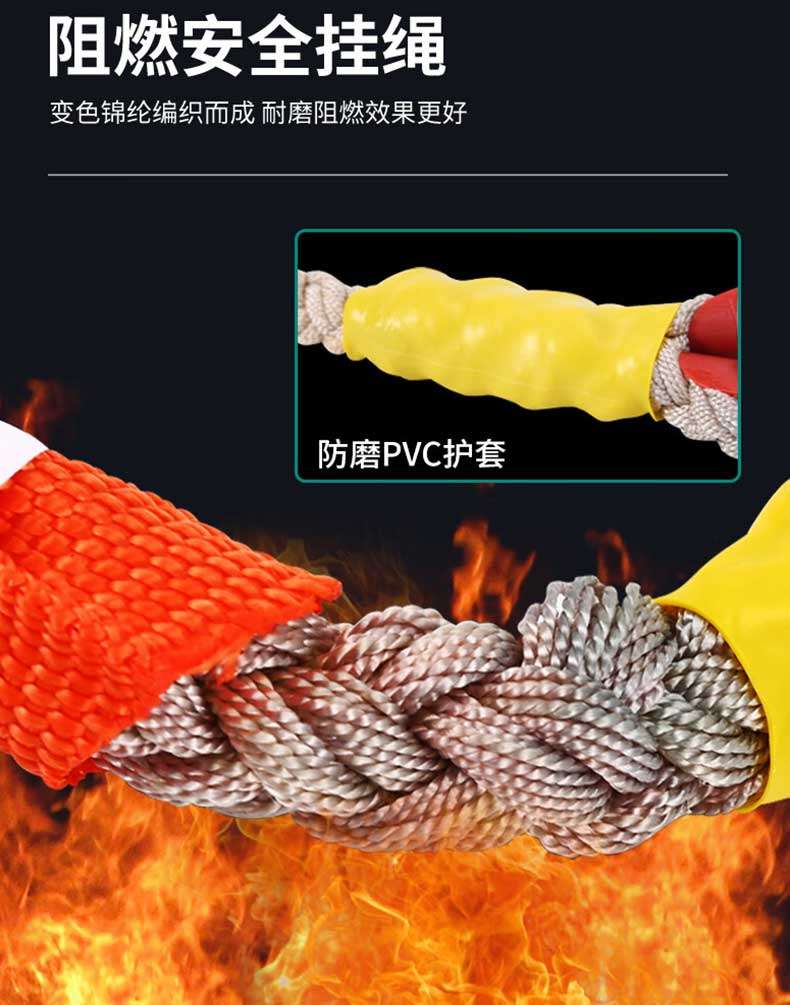 Flame retardant safety hanging rope made of color changing nylon woven into wear-resistant and flame-retardant PVC sheath with better anti-wear effect